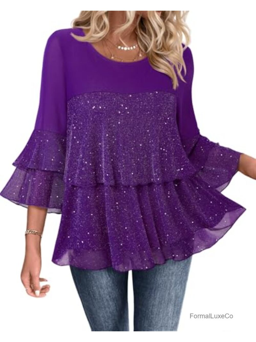 Sparkly Peplum Blouse 3/4 Bell Ruffle Sleeve Dressy Evening Top